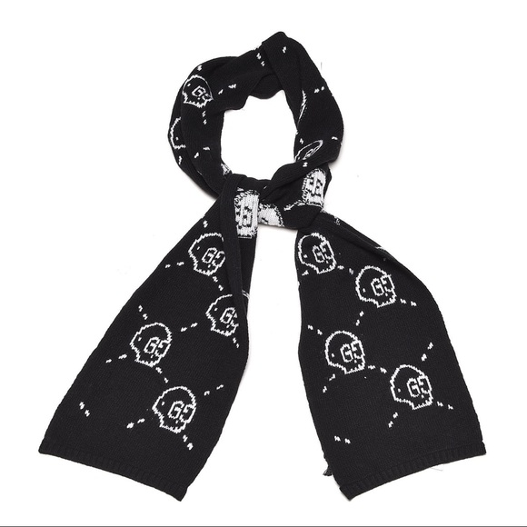 Gucci Wool GG Hamlet Skull Ghost Scarf Black White - Picture 4 of 4